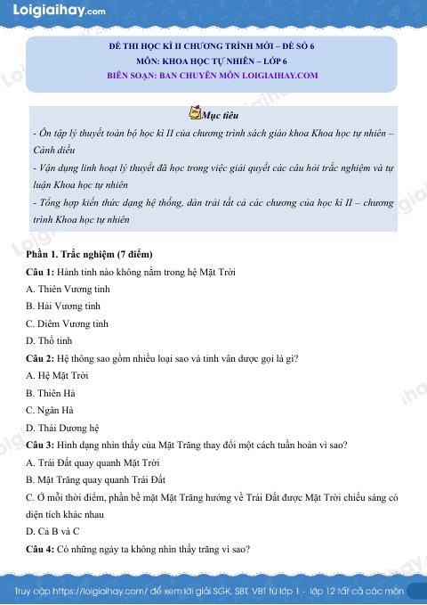 Đề thi học kì 2 KHTN 6 Cánh diều - Đề 6